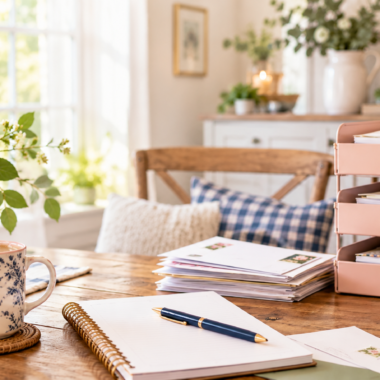 Paper Clutter Featured Image Cozy home office table with stacked paperwork, blush file trays, flowers, coffee, and organizing supplies in Marilyn’s Way brand colors.