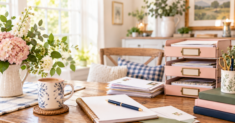 Paper Clutter Featured Image Cozy home office table with stacked paperwork, blush file trays, flowers, coffee, and organizing supplies in Marilyn’s Way brand colors.