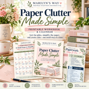 Paper Clutter Product Image Paper Clutter Made Simple printable workbook by Marilyn’s Way, featuring a 31-day paper clutter calendar, worksheets, and paperwork organization guides.