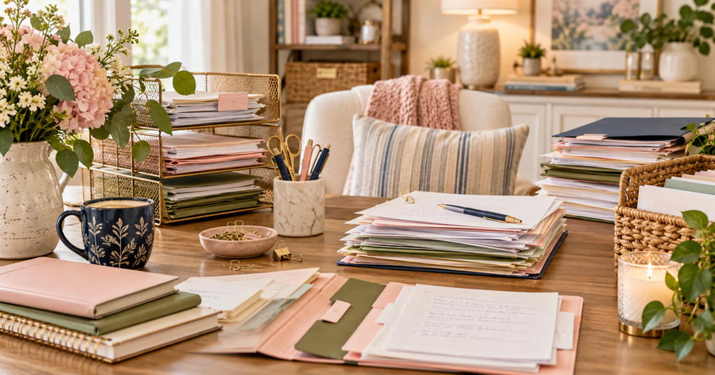 Paper Clutter Happens in Layers Layered stacks of paperwork, folders, trays, notebooks, and organizing supplies on a cozy desk in Marilyn’s Way brand colors, showing paper clutter being handled one layer at a time.