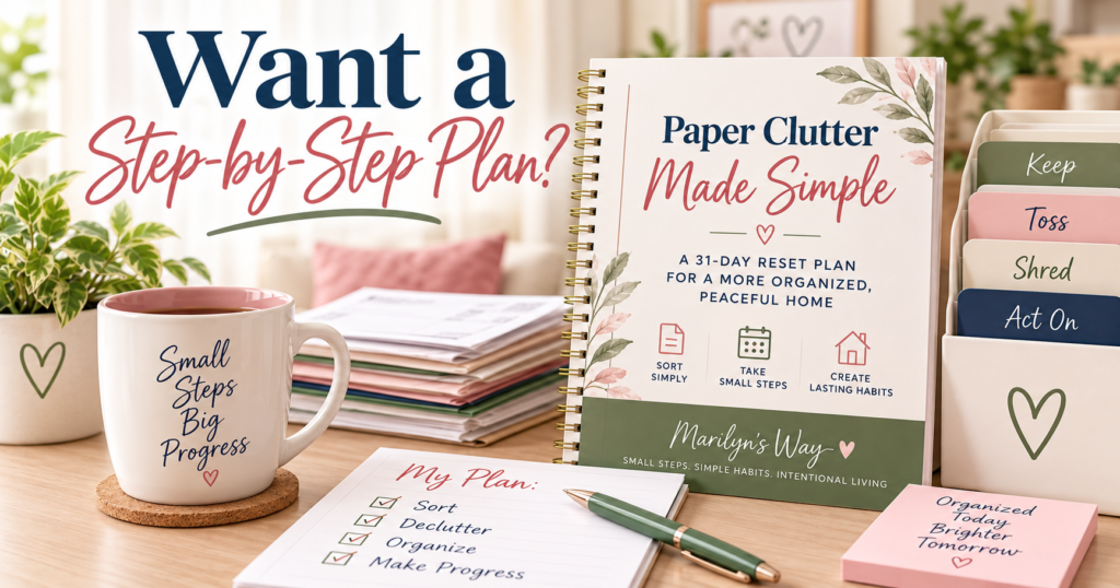 Paper Clutter Made Simple workbook displayed with Keep, Toss, Shred, and Act On folders, a planning checklist, and coffee in Marilyn’s Way brand colors.
