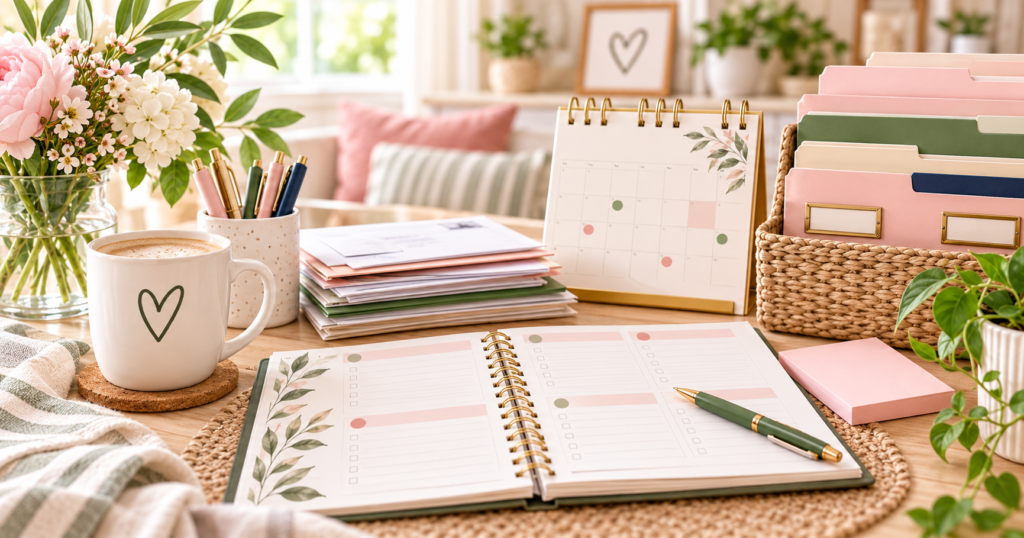 Create a Simple Weekly Paper Routine Weekly paper organization setup with planner, calendar, stacked paperwork, file folders, and coffee in Marilyn’s Way blush, olive, cream, and navy brand colors.